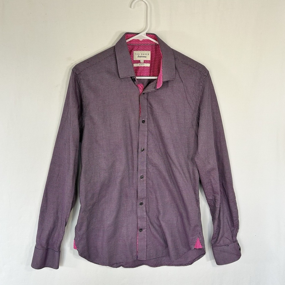 Ted Baker Endurance Mens Shirt Size 15.5 Med Purple Check Slim Fit Hot Pink Trim